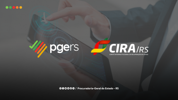 Arte institucional da PGE-RS e do CIRA/RS sobre fundo com pessoa utilizando tablet e interface digital.